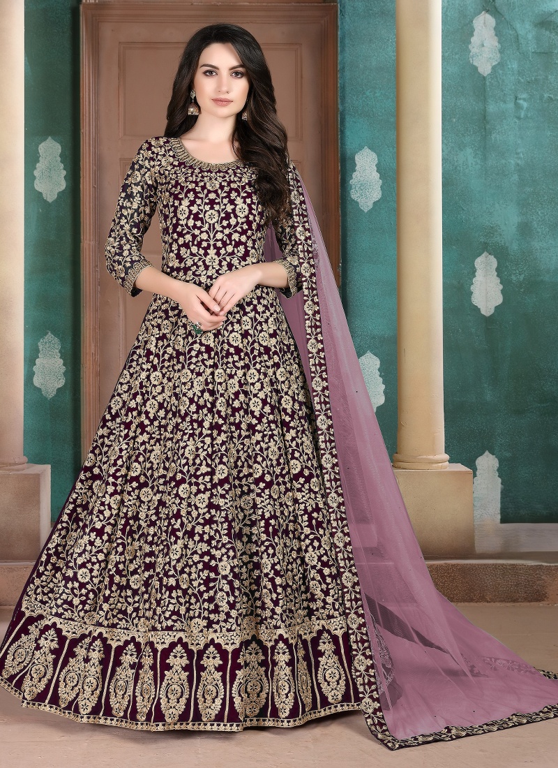 Burgundy Faux Georgette Stone Embroidered Salwar Kameez