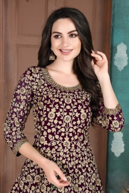 Burgundy Faux Georgette Stone Embroidered Salwar Kameez