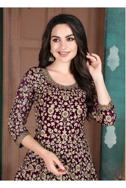 Burgundy Faux Georgette Stone Embroidered Salwar Kameez