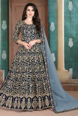 Navy Blue Faux Georgette Embroidered Salwar Kameez