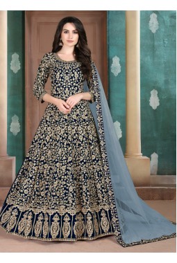 Navy Blue Faux Georgette Embroidered Salwar Kameez