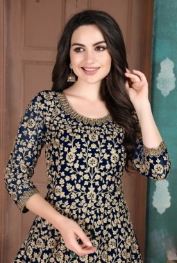 Navy Blue Faux Georgette Embroidered Salwar Kameez