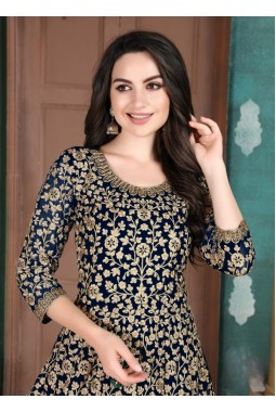 Navy Blue Faux Georgette Embroidered Salwar Kameez