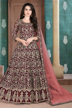 Maroon Faux Georgette Stone Embroidered Salwar Kameez
