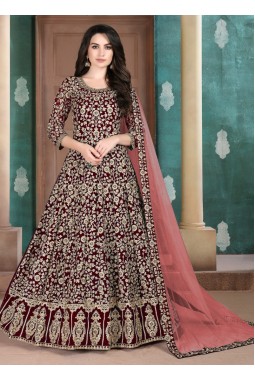 Maroon Faux Georgette Stone Embroidered Salwar Kameez