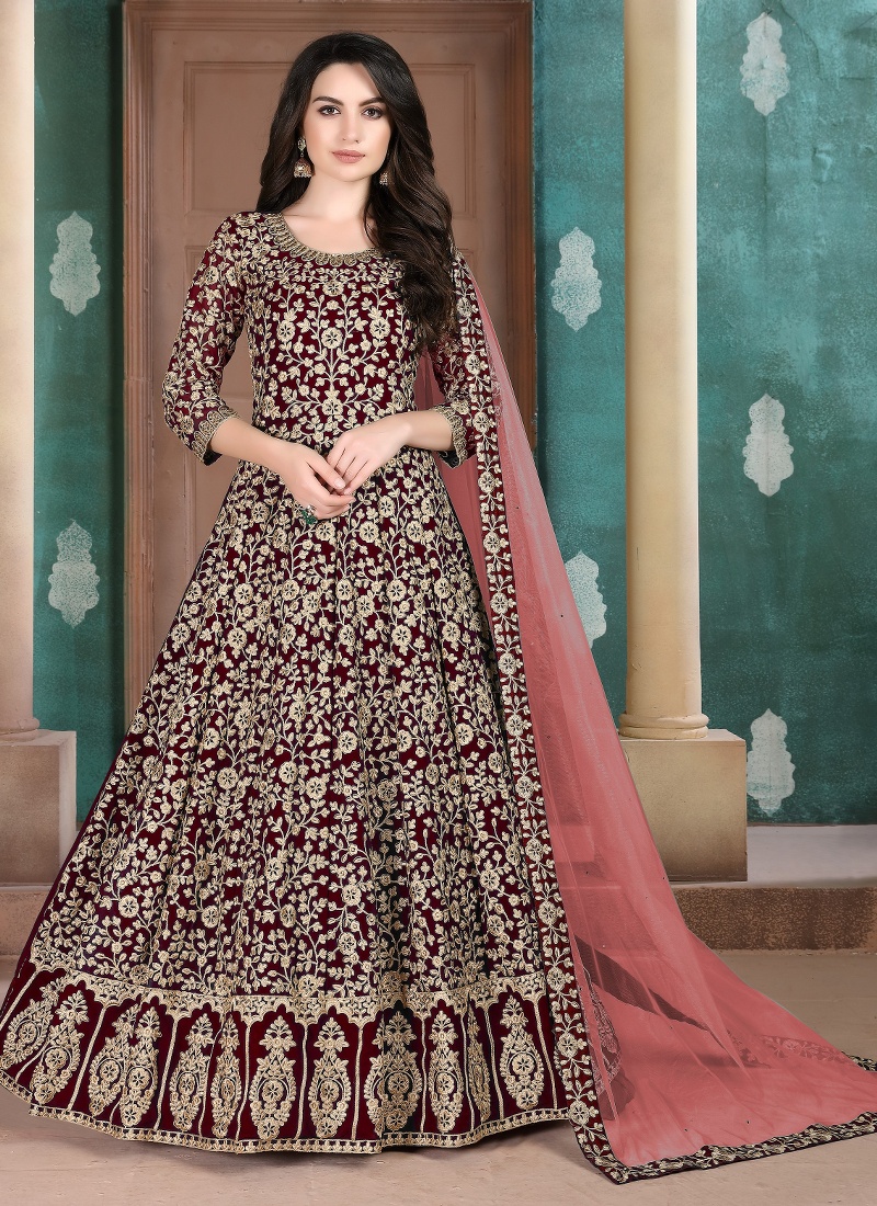 Maroon Faux Georgette Stone Embroidered Salwar Kameez