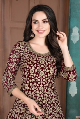 Maroon Faux Georgette Stone Embroidered Salwar Kameez