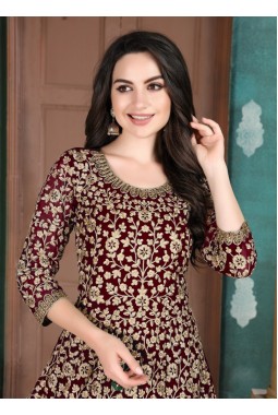 Maroon Faux Georgette Stone Embroidered Salwar Kameez