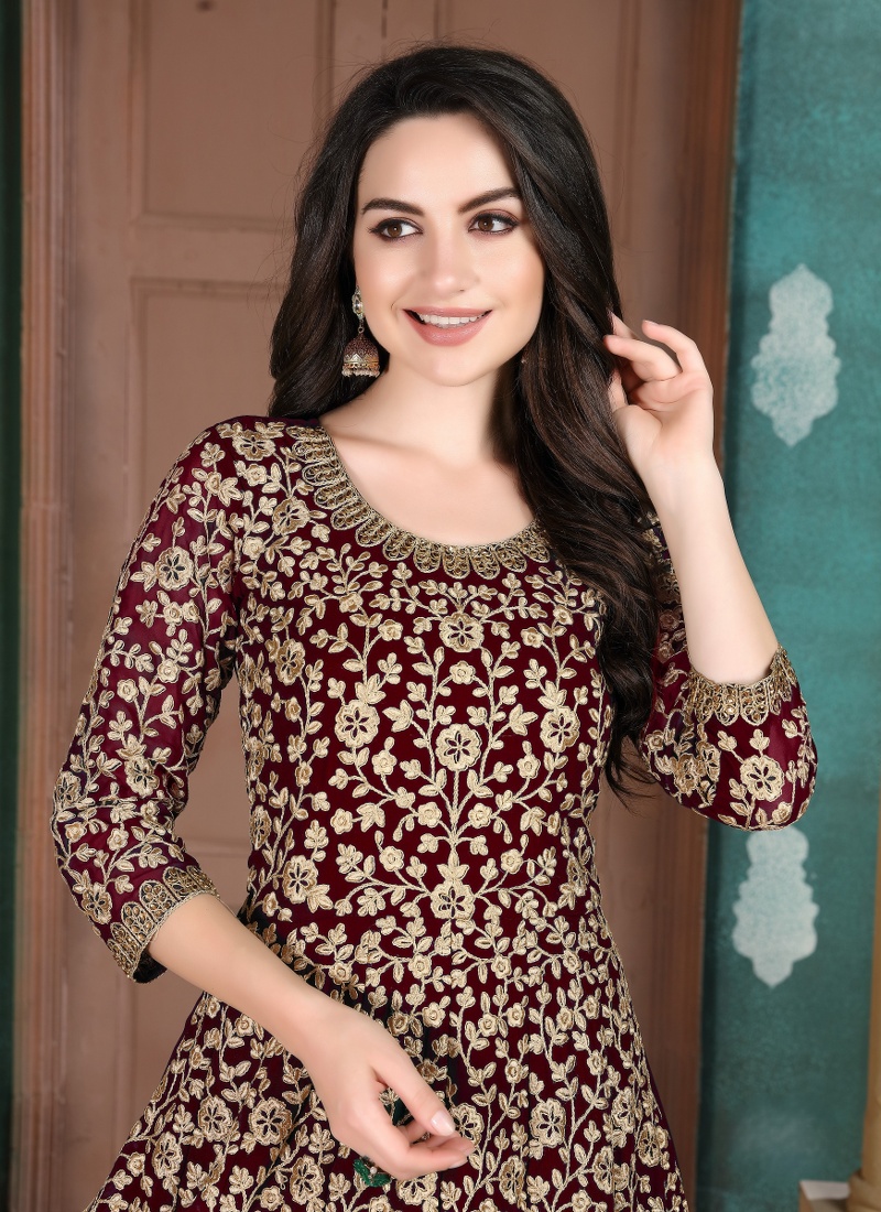 Maroon Faux Georgette Stone Embroidered Salwar Kameez