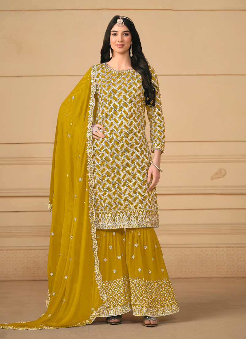 Yellow Faux Georgette Sequins Wedding Salwar Kameez