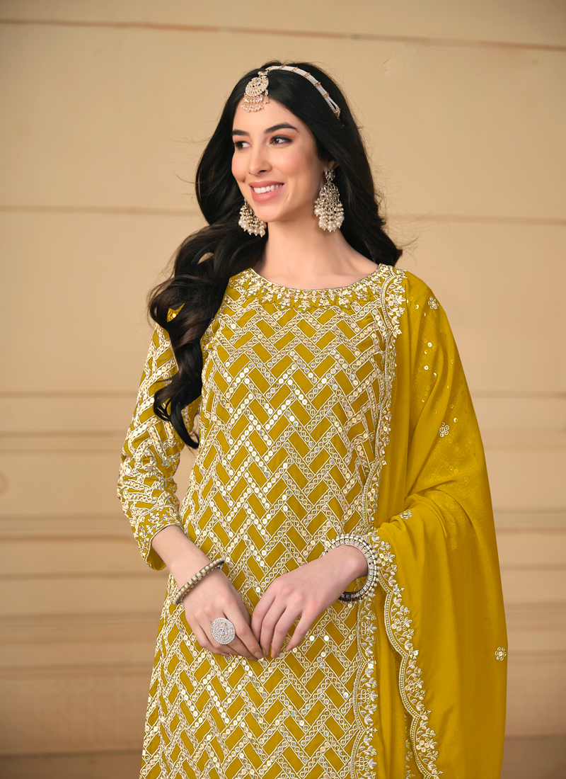 Yellow Faux Georgette Sequins Wedding Salwar Kameez