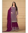 Wine Faux Georgette Embroidered Wedding Salwar Kameez