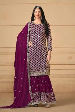 Wine Faux Georgette Embroidered Wedding Salwar Kameez