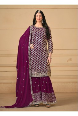 Wine Faux Georgette Embroidered Wedding Salwar Kameez