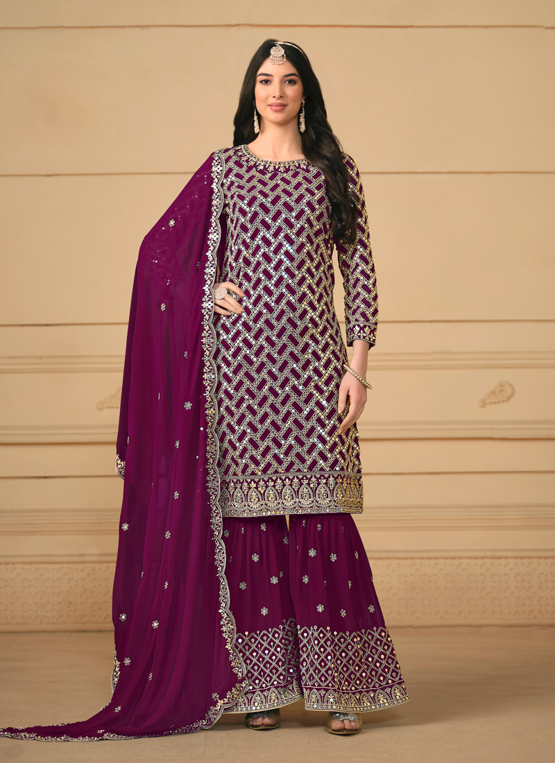 Wine Faux Georgette Embroidered Wedding Salwar Kameez