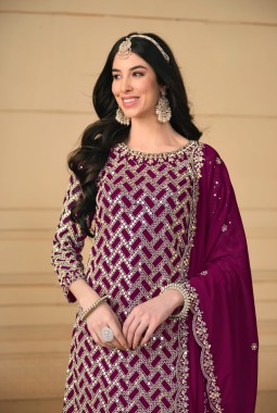 Wine Faux Georgette Embroidered Wedding Salwar Kameez
