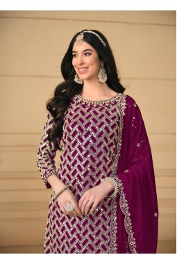 Wine Faux Georgette Embroidered Wedding Salwar Kameez