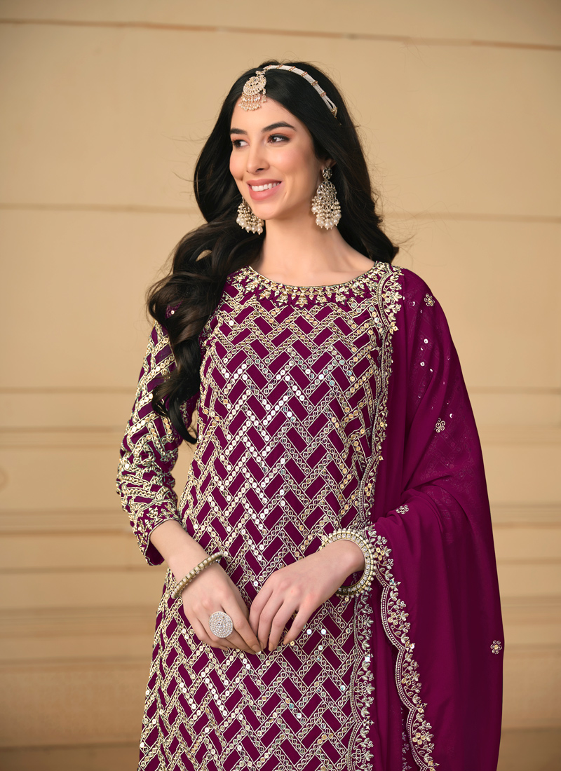 Wine Faux Georgette Embroidered Wedding Salwar Kameez