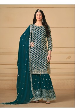 Blue Faux Georgette Sequins Embroidered Wedding Salwar Kameez