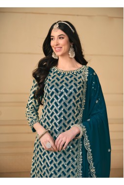 Blue Faux Georgette Sequins Embroidered Wedding Salwar Kameez