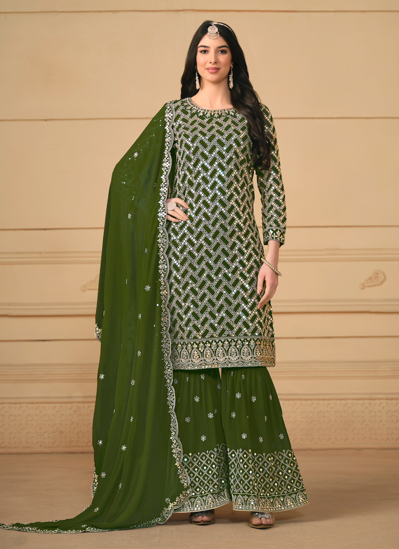 Green Faux Georgette Sequins Wedding Salwar Kameez