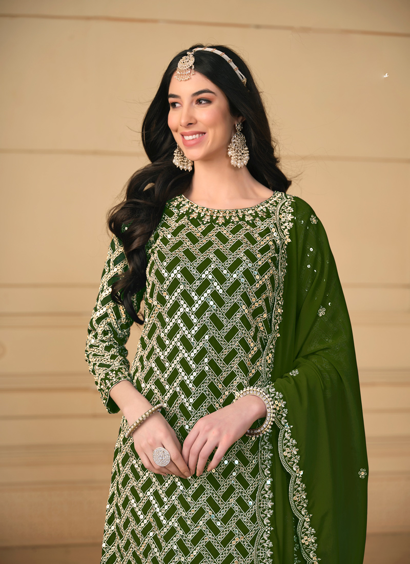 Green Faux Georgette Sequins Wedding Salwar Kameez