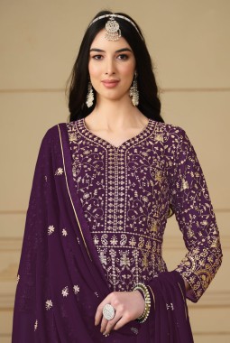 Magenta Faux Georgette Embroidered Wedding Salwar Kameez