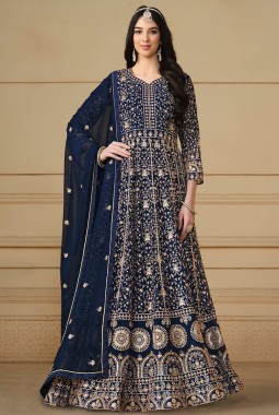Navy Blue Faux Georgette Sequins Wedding Salwar Kameez