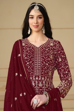 Red Faux Georgette Sequins Embroidered Wedding Salwar Kameez