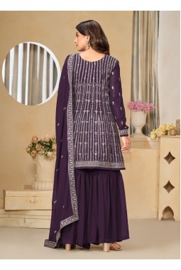 Violet Faux Georgette Embroidered Wedding Salwar Kameez