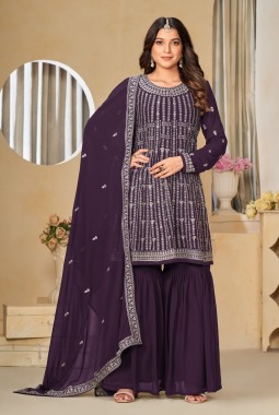 Violet Faux Georgette Embroidered Wedding Salwar Kameez
