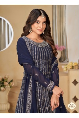 Navy Blue Faux Georgette Sequins Embroidered Wedding Salwar Kameez