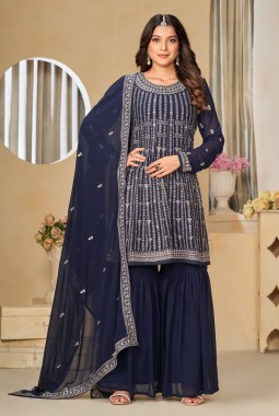 Navy Blue Faux Georgette Sequins Embroidered Wedding Salwar Kameez