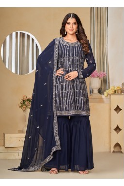 Navy Blue Faux Georgette Sequins Embroidered Wedding Salwar Kameez