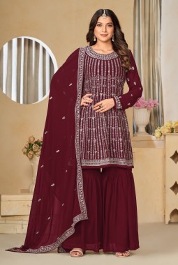 Maroon Faux Georgette Embroidered Wedding Salwar Kameez