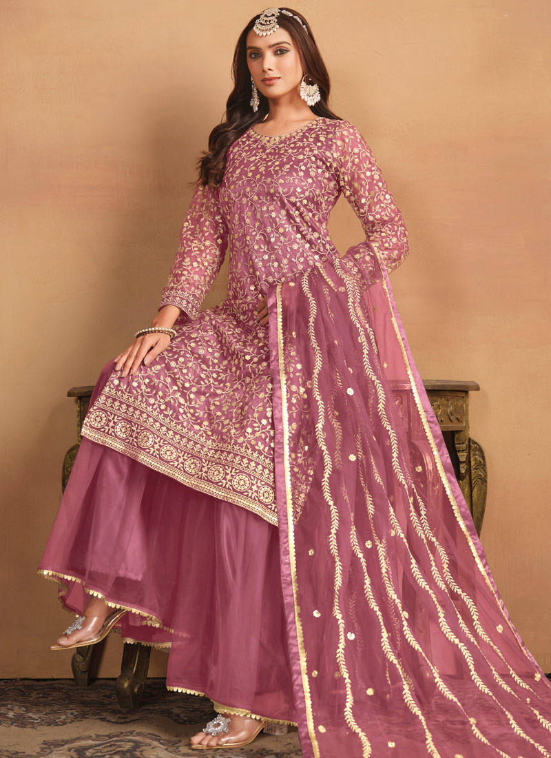 Pink Net Sequins Embroidered Wedding Salwar Kameez