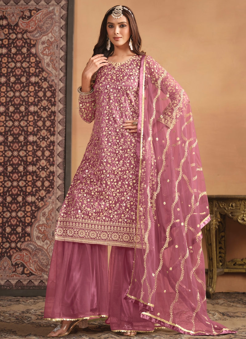 Pink Net Sequins Embroidered Wedding Salwar Kameez