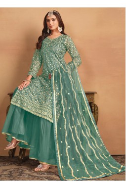 Sea Green Net Sequins Embroidered Wedding Salwar Kameez