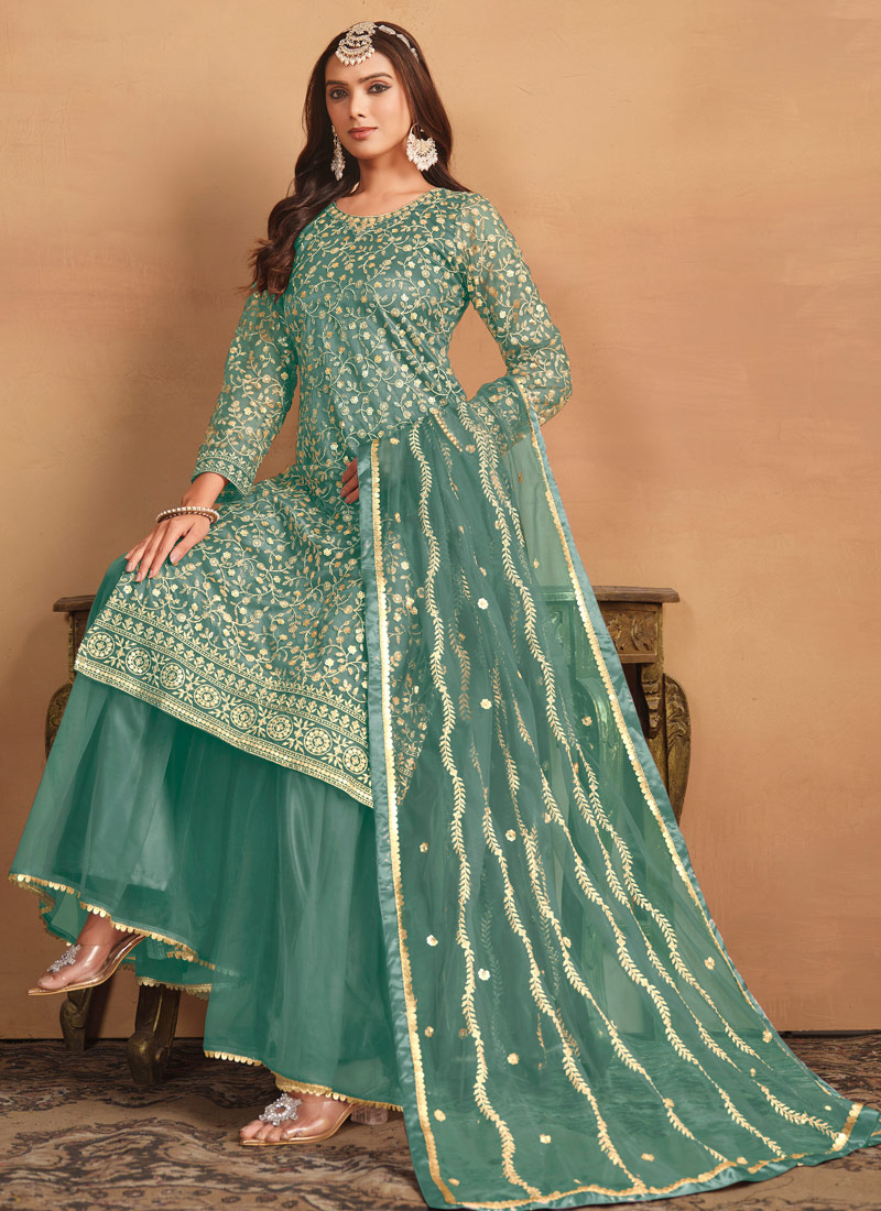 Sea Green Net Sequins Embroidered Wedding Salwar Kameez