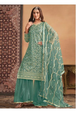 Sea Green Net Sequins Embroidered Wedding Salwar Kameez