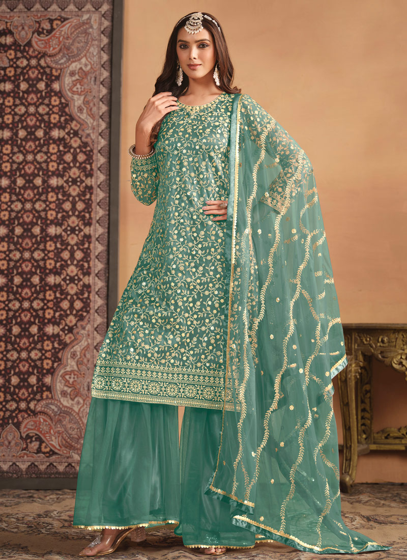 Sea Green Net Sequins Embroidered Wedding Salwar Kameez