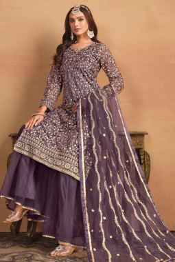 Lavender Net Sequins Embroidered Wedding Salwar Kameez