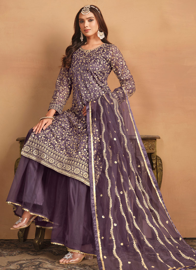 Lavender Net Sequins Embroidered Wedding Salwar Kameez