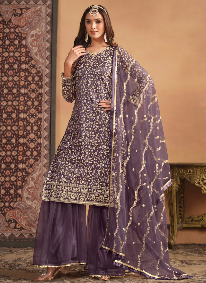 Lavender Net Sequins Embroidered Wedding Salwar Kameez