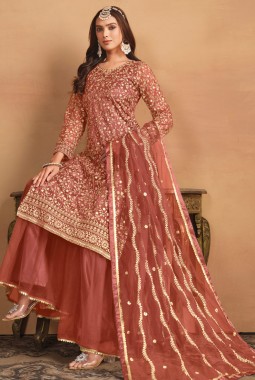 Orange Net Sequins Embroidered Wedding Salwar Kameez