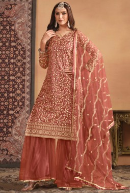 Orange Net Sequins Embroidered Wedding Salwar Kameez