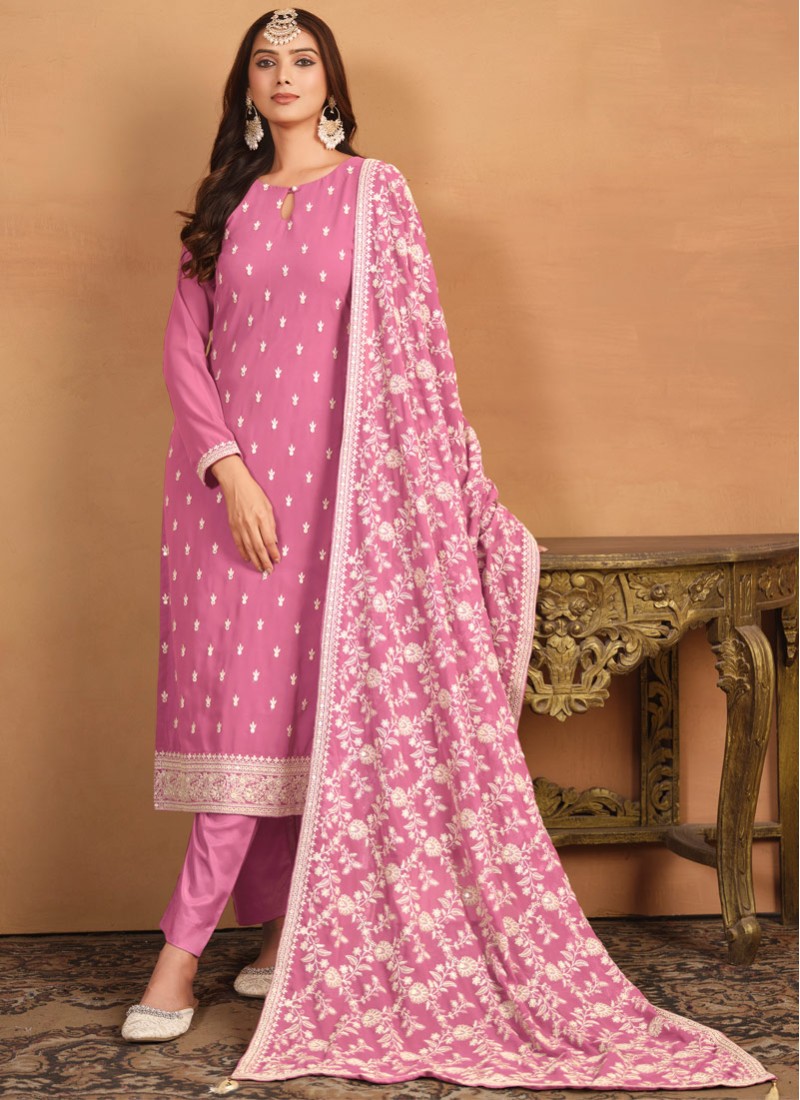 Pink Faux Georgette Thread Embroidered Casual Salwar Kameez