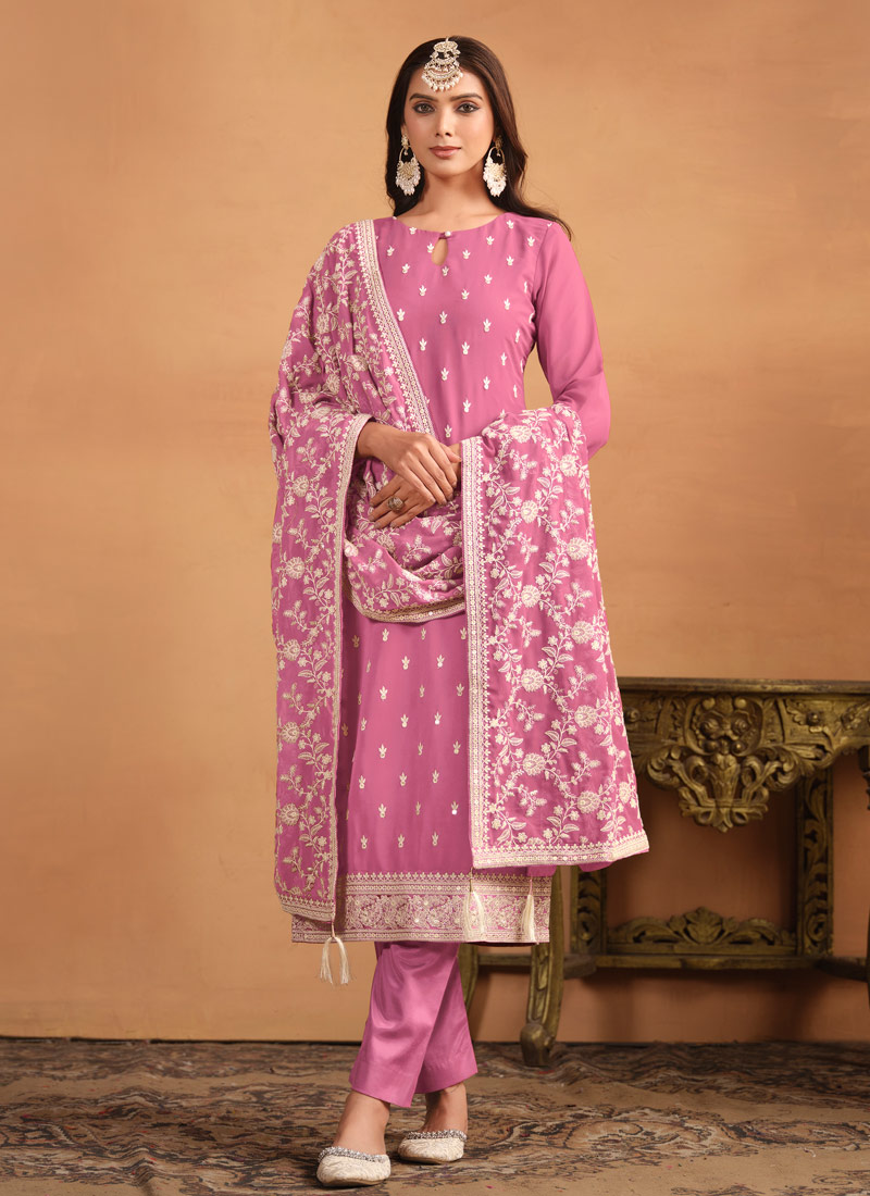 Pink Faux Georgette Thread Embroidered Casual Salwar Kameez