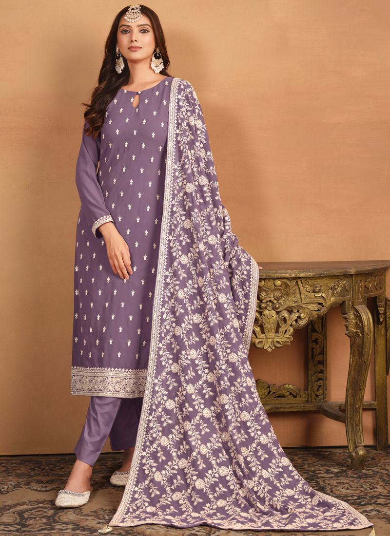 Lavender Faux Georgette Sequins Embroidered Casual Salwar Kameez