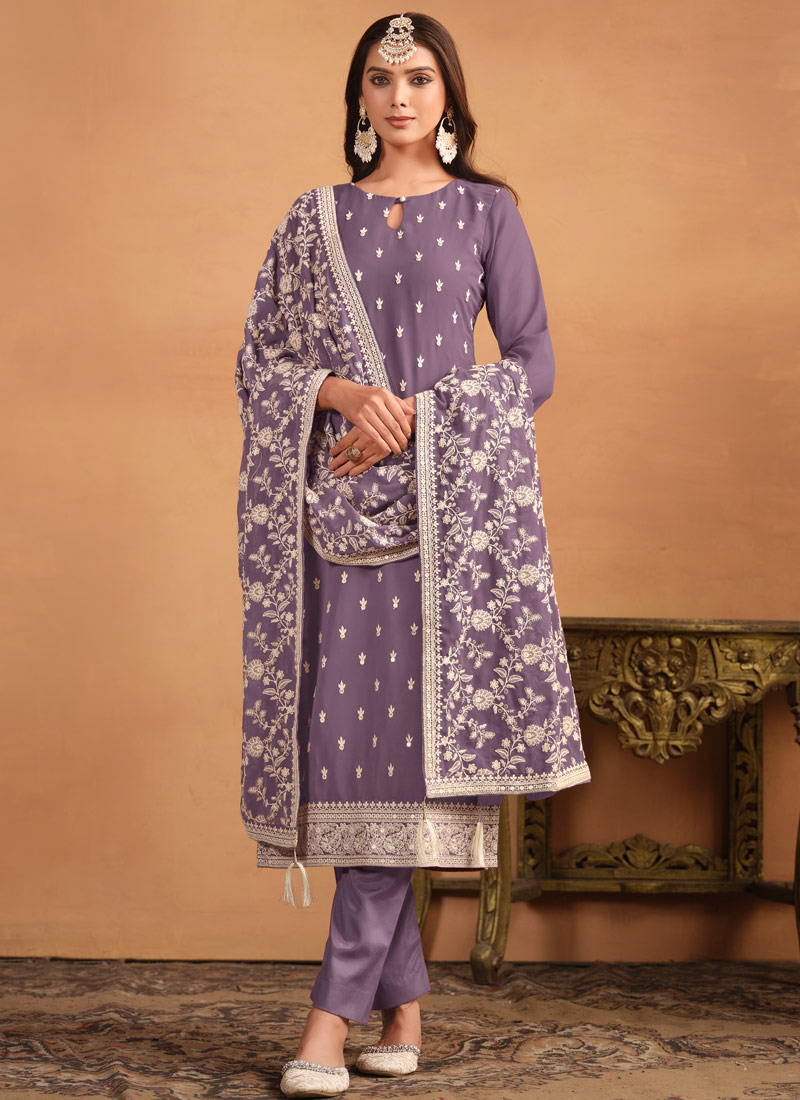 Lavender Faux Georgette Sequins Embroidered Casual Salwar Kameez